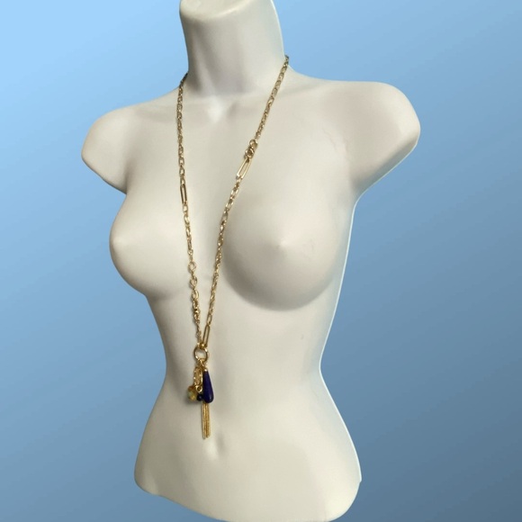 LOFT Long Goldtone Chain Dangle Charms Lapis Lazuli Natural Stones - Picture 2 of 5